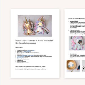 May include: Two unicorn-shaped paper lanterns, one in beige and the other in purple, are displayed on a white surface. The lanterns have golden horns and colorful manes. The image also includes instructions and materials for making the lanterns.