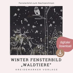 Könnte beinhalten: Digitaler Download mit einem winterlichen Design mit weißer Strichzeichnung auf dunklem Hintergrund. Die Kunstwerke umfassen Hirsche, eine Eule, Bäume und dekorative Elemente. Der Text enthält "WINTER FENSTERBILD" und "digitaler Download".