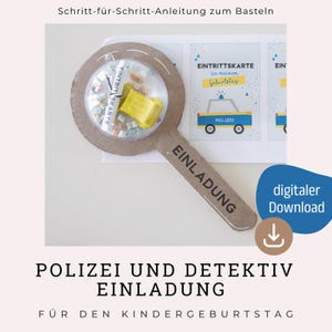 Children&#39;s birthday invitation police or detective - DIY craft template as PDF - Make invitation card - Secret magnifying glass - Party decoration children