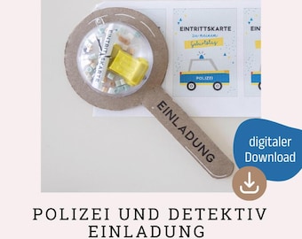 Children's birthday invitation police or detective - DIY craft template as PDF - Make invitation card - Secret magnifying glass - Party decoration children