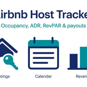 May include: An Airbnb Host Tracker graphic with the text Occupancy, ADR, RevPAR & payouts. It features three icons: a house with a key labeled Listings, a calendar labeled Calendar, and a bar chart labeled Revenue in dark blue and teal.