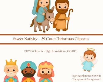 Conjunto de imágenes prediseñadas de la Natividad: 29 imágenes PNG navideñas (descarga digital)