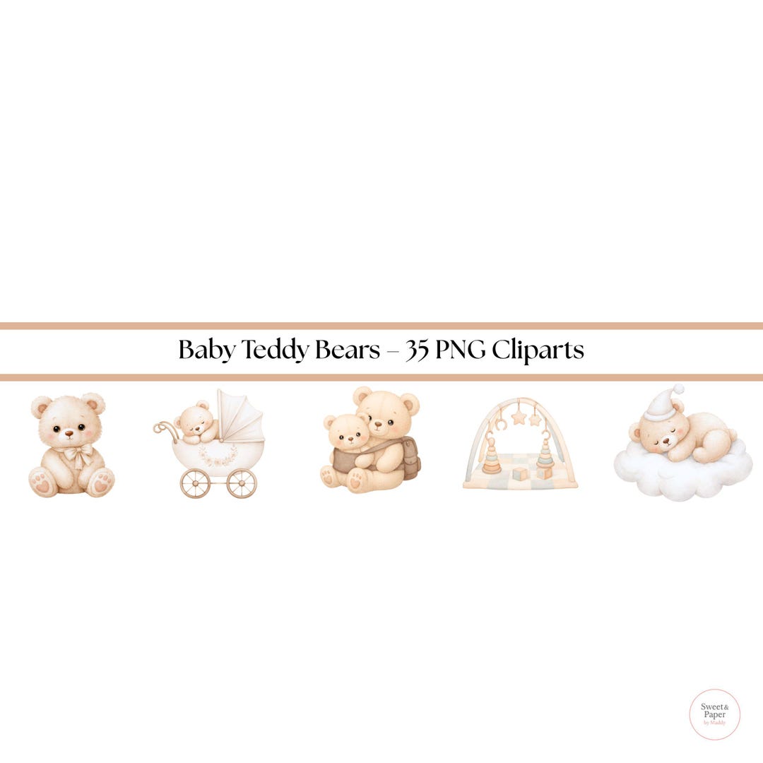 Teddy Bear Clipart Bundle, Baby Shower Nursery Graphics (35 PNG ...