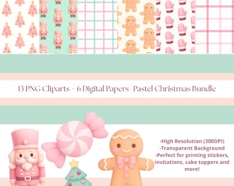 Pink Christmas Clipart Bundle-Pastel Xmas PNG, Kawaii Holiday Stickers, Nutcracker & Gingerbread