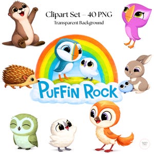 Könnte beinhalten: Ein digitales Clipart-Set mit verschiedenen Zeichentricktieren, darunter ein Otter, ein Igel, eine Eule, ein Kaninchen und Vögel. Das Bild enthält einen Regenbogen und den Text "Puffin Rock" und "Clipart Set - 40 PNG Transparent Background."