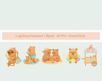 Capybara Clipart PNG, Cute Summer Capybara Illustrations, Pastel Animal Clipart for Stickers, Cake Toppers