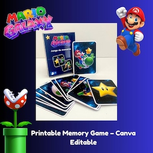 May include: A memory game featuring characters from Mario Galaxy. The game includes a box and several cards with images of Mario, Yoshi, and stars. The text "Mario Galaxy" is displayed at the top, with additional text at the bottom.