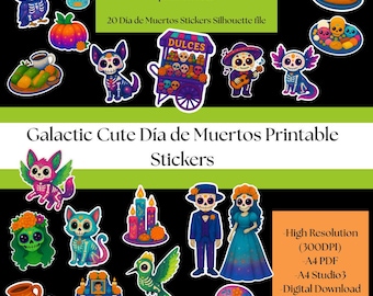 Día de Muertos-stickers: galactische stijl, pdf-formaat, A4-formaat