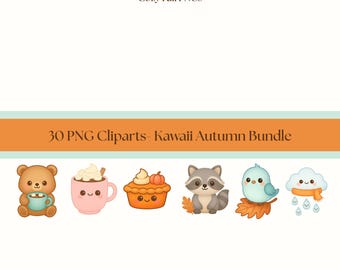 Kawaii Fall Clipart Bundle: Autumn Animals, Drinks, and Desserts (PNG Digital Download)
