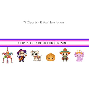 May include: A digital art bundle featuring Día de Muertos themed cliparts and seamless papers. Includes a colorful piñata, a skeleton mariachi, a dog with a skeleton design, a sweet bread, a skeleton in a sombrero, and a purple axolotl.