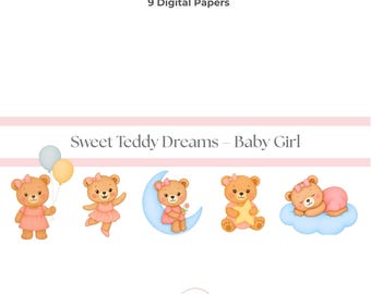 Clipartbundel teddybeer babymeisje: maan, sterren, ballonnen (digitale download)