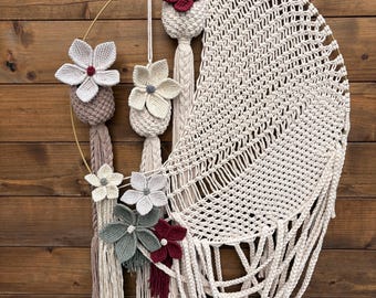 Círculo de macramé floral para pared — Adorno de pared bohemio hecho a mano, flores de macramé, decoración de pared grande de 60 cm, pieza única, SPERTO Carine