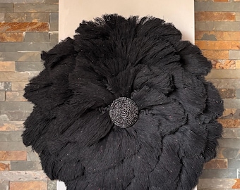 Flor de pared de macramé negra, decoración de algodón boho chic, arte de pared textil gigante, sombrero Juju de macramé hecho a mano, diseño escandinavo negro.