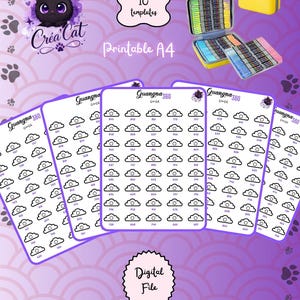 May include: Digital color swatch card with the text "Color Swath Card" and "10 templates". The image shows several color swatch cards with cloud-shaped designs and a black cat illustration. Also included are markers and a yellow case.