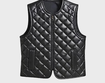 Black Leather Vest | Handmade Biker cow leather Puffer Vest For Men / special gift for someone special person .
