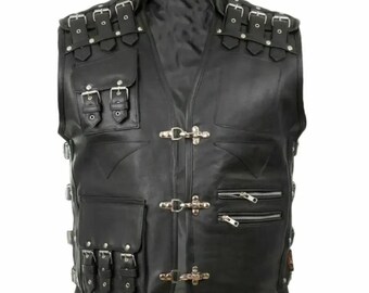 Men&#39;s Black Cow Leather Utility Vest – Gothic Biker Style with Buckles, Straps & Pockets special gift for someone special person .