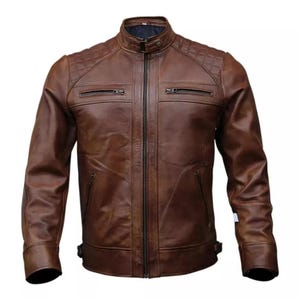Blouson en cuir pour homme en peau de mouton véritable Café racer Style motard Noir et marron