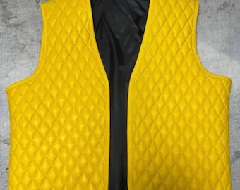 Men’s Real Cowhide Quilted Leather Biker Vest | Handmade Yellow Color Leather Club & Party Wear Vest