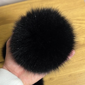 Black fur pompom for cap, Big fluffy ball, Natural fox fur pompom, Removable pompom, Fur accessories, Gift idea, DIY.