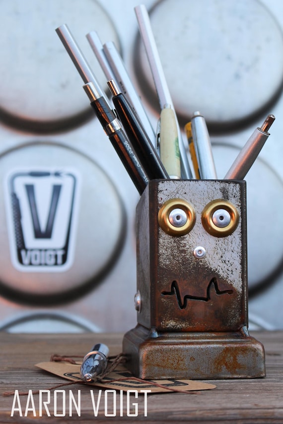 Desk Organizer/small Pencil Pusher Robot Blue Etsy