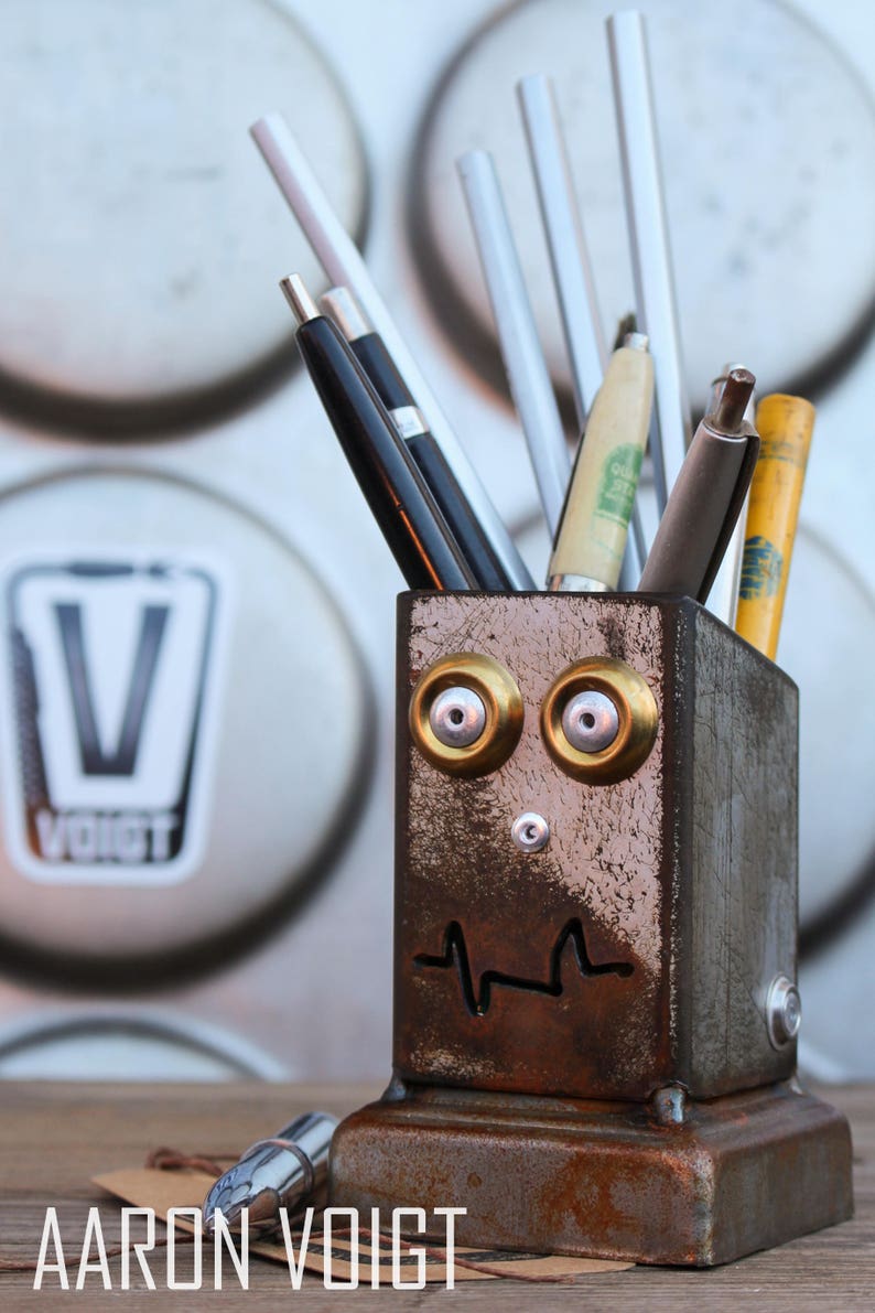Desk Organizer/small Pencil Pusher Robot Blue Etsy