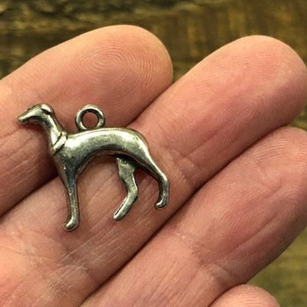 4 Greyhound Dog Charms Antique Silver Tone 2 Sided Whippet