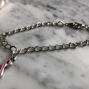 Pink Breast Cancer Awareness Bracelet - Stainless Steel Cable Chain Charm Bracelet - 7 1/2 inch - Relay for Life