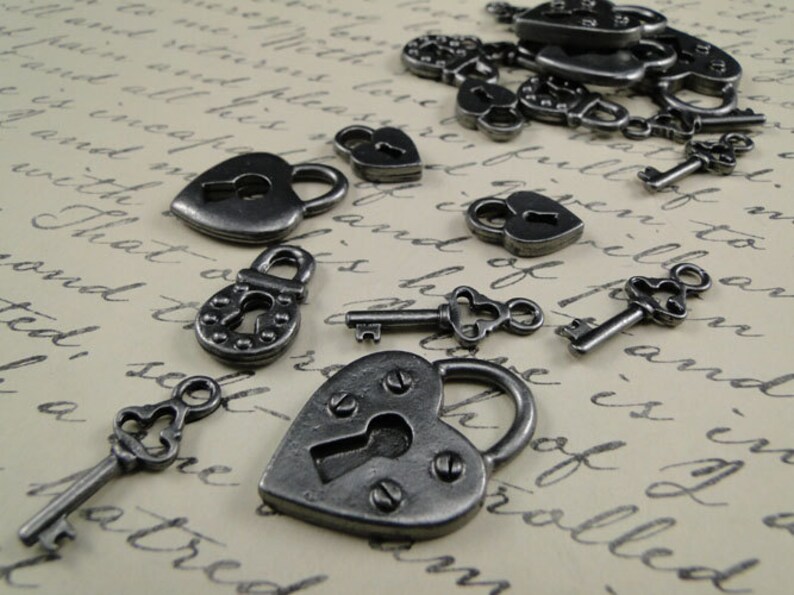 Heart Lock and Key charm 12 pcs image 1