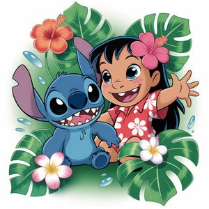 Lilo Stitch Summer Vibes Watercolor Splash Png, Stitch Floral Png,Cartoon Rainbow Aesthetic,300Dpi High Resolution PNG,Digital File Download