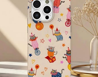 Cute Circus Cat iPhone Case Colorful Clown Kitten Design Fun Playful Pattern Gift for Cat Lovers Durable Soft Matte Protective Cover