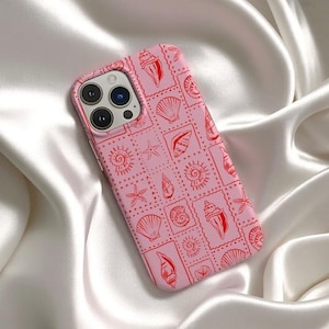 Pink Seashells Summer iPhone Case, Preppy Trendy Tuscan Summer Stamps, Phone Case Accessories, Beachy Costal Italian Summer, Tomato Girl