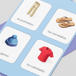 May include: A light blue card with four illustrations of clothing items: tan pants, brown sandals, a blue beanie, and a red t-shirt. Each item is labeled in Spanish.