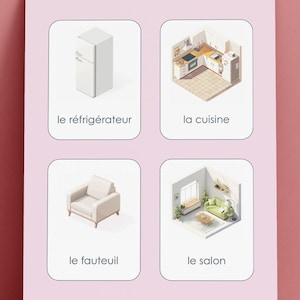 May include: A pink rectangular card with four illustrations of rooms and appliances. The top left shows a white refrigerator, the top right a kitchen, the bottom left an armchair, and the bottom right a living room. Each image has a French label.