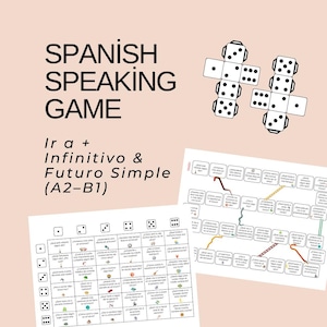 以下が含まれることがあります： 「Spanish Speaking Game」というタイトルと「Ir a + Infinitivo & Futuro Simple (A2-B1)」というテキストが入ったスペイン語学習ゲーム。画像には2つのゲームボードとサイコロが写っています。