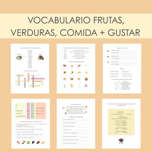 Pode incluir: Um conjunto de seis folhas de exercícios educacionais com o título "VOCABULARIO FRUTAS, VERDURAS, COMIDA + GUSTAR" em texto preto. As folhas de exercícios cobrem vocabulário, correspondência e exercícios de conclusão de frases, com ilustrações de frutas e alimentos.