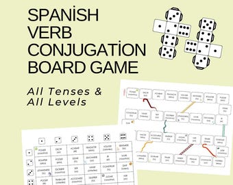 Juego de mesa de conjugación de verbos en español / Juego de gramática universal para todos los tiempos verbales / Dados y serpientes y escaleras / PDF imprimible
