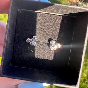 Puede incluir: Un par de pendientes de plata en una caja negra. Cada pendiente presenta un diseño en forma de corazón con una pequeña gema transparente en el centro. Los pendientes tienen forma de cabeza de ratón.