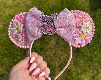 Angel Ears Headband – Lilo & Stitch Inspired Pink Floral Mouse Ears | Sparkly Bow Kawaii Headband | Theme Park Accessory
