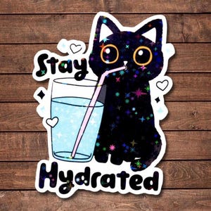 Adesivo per gatti "Resta idratato" - Simpatico gattino cosmico che beve acqua - Adesivo in vinile estetico per la cura di sé - Regalo kawaii per gli amanti dei gatti