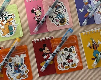 Disney Character Themed Stationery Set | Mini Notepad, Pen & 10 Stickers | Cute Pocket Notebook Gift | School Supplies | Mini Autograph Book