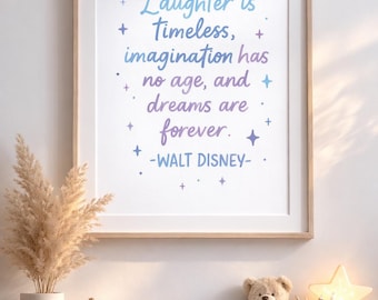 Arte de pared imprimible con cita de Walt Disney: La risa es atemporal, decoración en tonos pastel, cita inspiradora, descarga instantánea