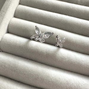 Adjustable Silver Butterfly Ring – Dainty Crystal Ring, Double Butterfly Design – Cute Gift for Her, Promise Ring, Minimalist Jewellery