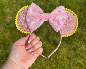 Handmade Pink and Yellow Minnie Ears Headband | Beaded Disney Ears