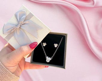 Conjunto de collar y pendientes de ratón de cristal / Joyería minimalista de plata