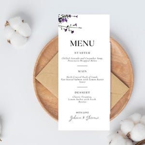 Minimalistische paarse bloemen bruiloft menusjabloon | Bewerkbaar Canva-menu| Digitale download | Moderne elegante bruidssuite