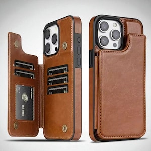 May include: Brown leather phone case with a wallet feature. The case has a magnetic closure and space for multiple cards. The phone case is shown from multiple angles, displaying the phone's camera and buttons.