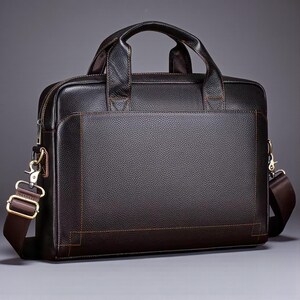 May include: A dark brown leather briefcase with a top handle and a detachable shoulder strap. The bag features a front pocket and gold-coloured hardware. The stitching is a lighter brown, and the leather has a textured appearance.