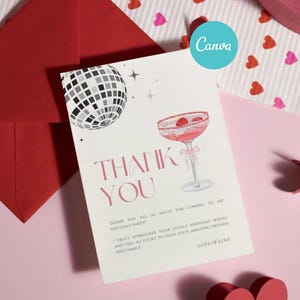 Bewerkbare bedankkaart, afdrukbare dankbaarheidskaart, roze cocktailpartysjabloon, feestkaart voor volwassenen en jongeren