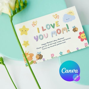 Tarjeta editable para el Día de la Madre, plantilla imprimible de "Te amo" de niños, diseño de abejas y flores, arte de nubes y estrellas.