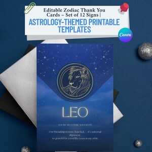 Bewerkbare astrologische kaartenset, dierenriembedankkaarten voor vrienden, 12 horoscoopontwerpen, kosmische sterrenhemel, marineblauwe kaarten